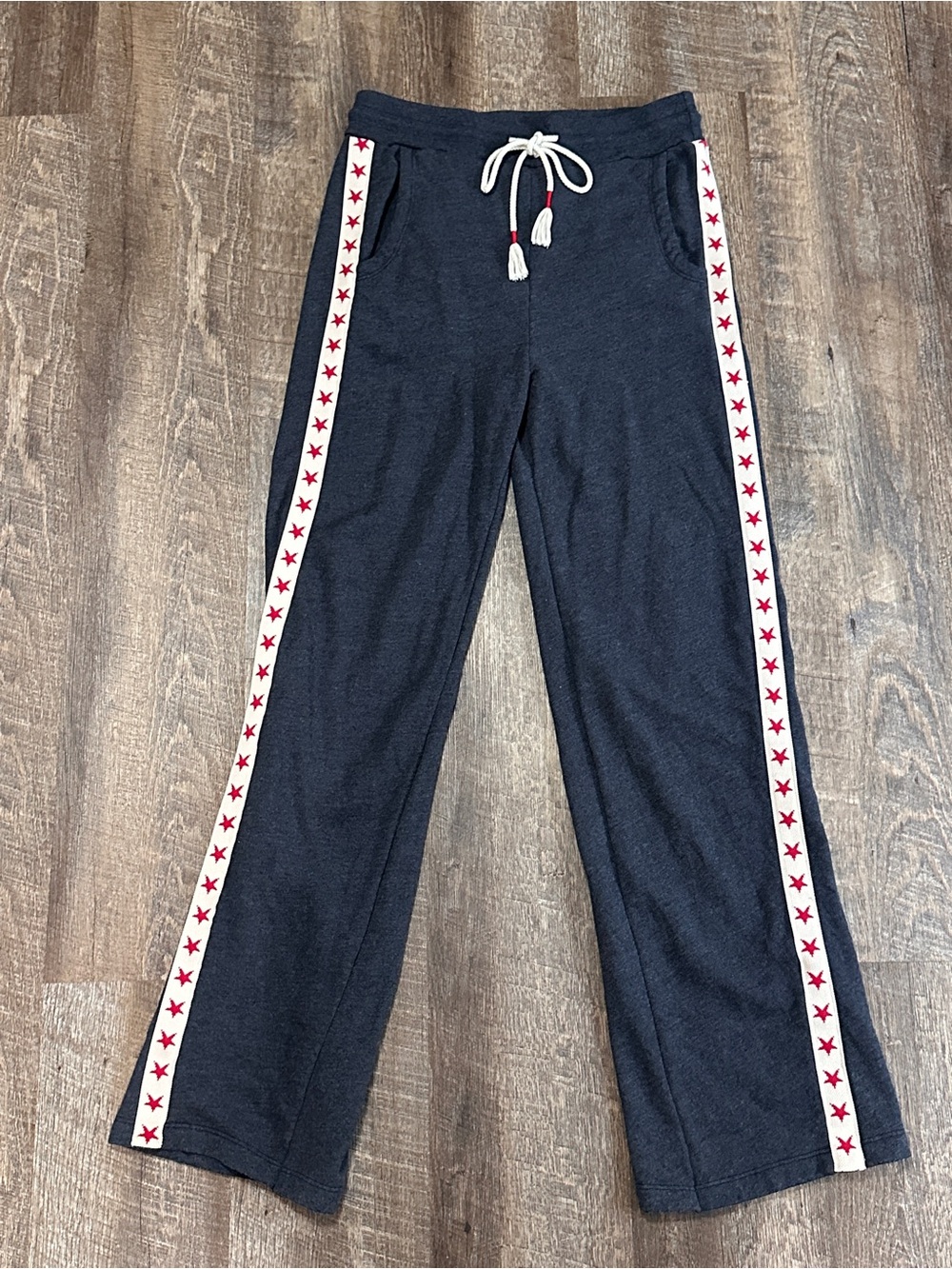 Sundry Terry Navy Side Stripe Wide Leg Track Pants Stars Medium Made In USA - Picture 2 of 5
